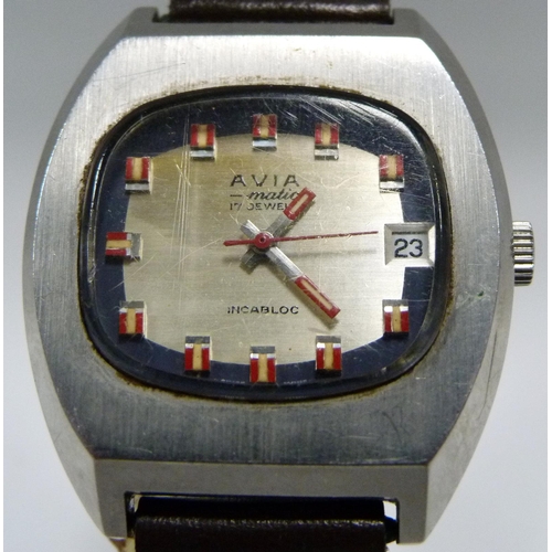 Avia Matic 17 jewels incabloc manual wind gents wristwatch circa 1970s shaped stainless case