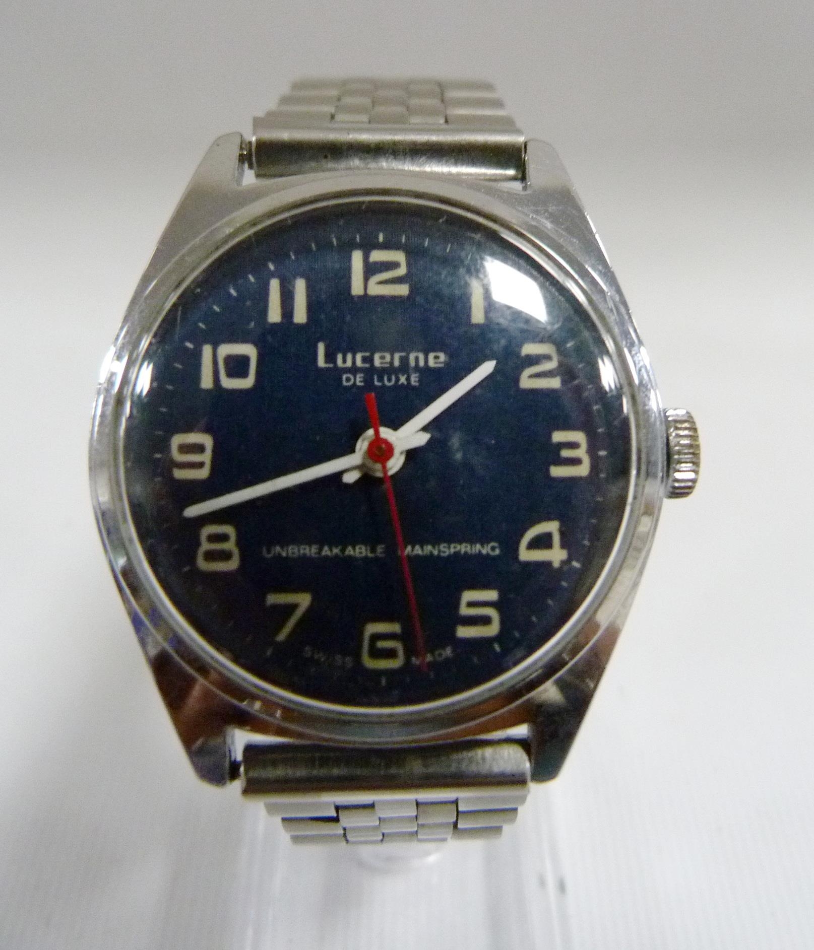 Lucerne De Luxe unbreakable mainspring manual wind gents wristwatch circa 1960s 70s stainless case