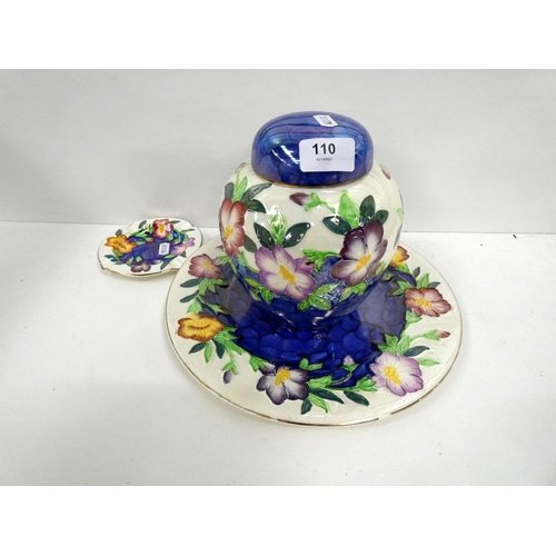 110 - Maling blue pansy ginger jar, a similar plate and ashtray