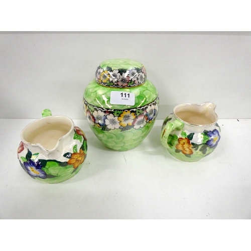 111 - Maling green floral ginger jar and cover and two similar jugs (3)