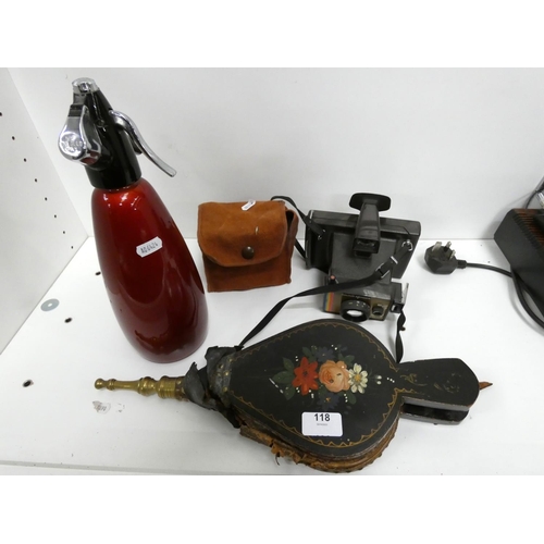 118 - Red soda syphon, pair of painted bellows. Polaroid  camera, box Brownie etc