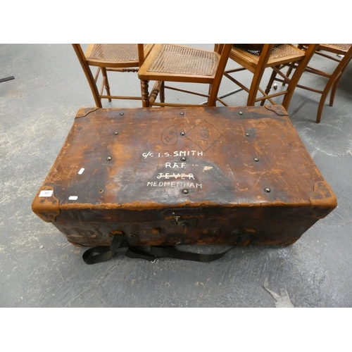 421 - Large antique leather travel trunk, G/C I. S. Smith, RAF.