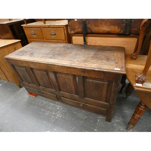 422 - Antique oak four panel coffer with two drawers.Width 141cmDepth 54cmHeight 79cm