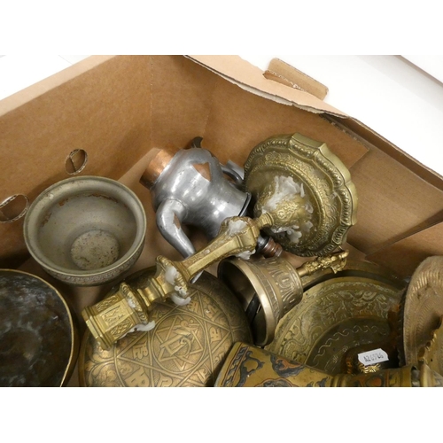 49 - Large box of various brass ware to include candlesticks, plates, mugs etc.