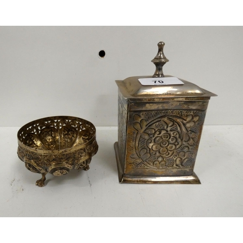 70 - Indian white metal bowl and small white tea caddy.