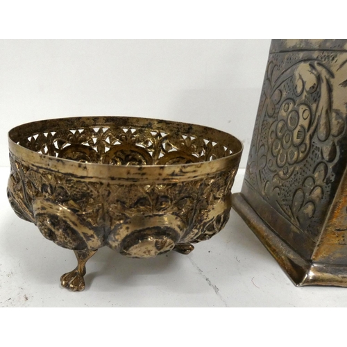 70 - Indian white metal bowl and small white tea caddy.