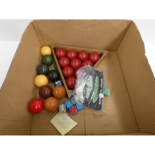 94 - Collection of vintage snooker balls plus cues.