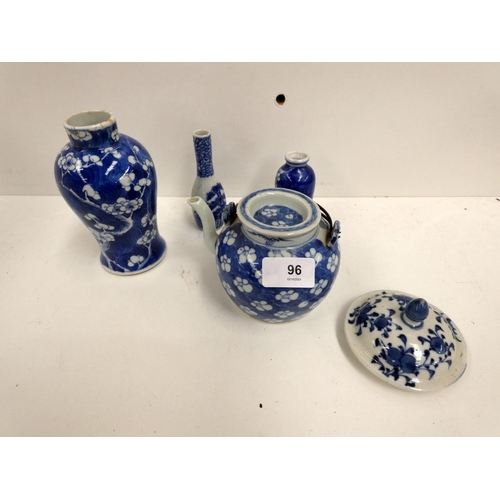 96 - Chinese blue and white tea pot, and three oriental vases etc.