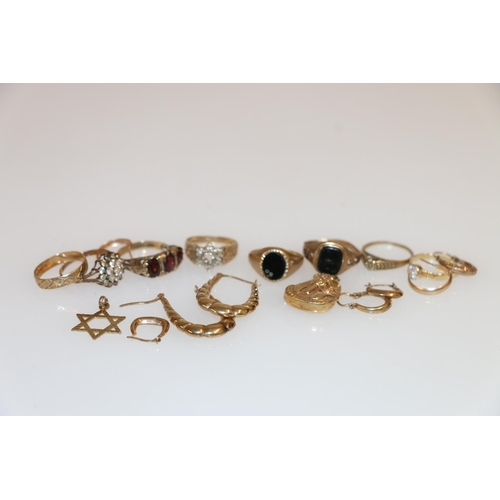 131 - Eight rings, four pairs of earrings, and two charms, all 9ct gold, 24.6g.