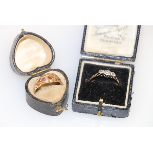 132 - 9ct gold ring with three illusion-set chip diamonds, size O/P, 1.8g, and a 15ct gold ring, some ston... 