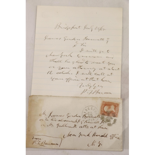 140 - PT Barnum: letter signed by PT Barnum, addressed to James Gordon Bennett, dated July 25/65, along wi... 