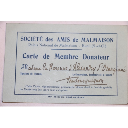 150 - PT Barnum: Société des Amis de Malmaison membership card, issued in the name of Madame La Baronne d'... 