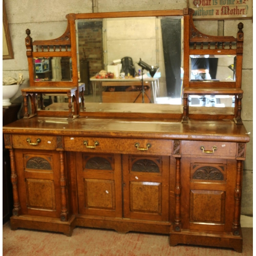 64 - Victorian burr walnut mirror-back sideboard, 216cm wide.