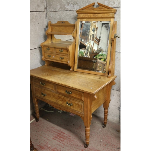 66 - Victorian burr walnut and oak dressing chest, on turned supports, 110cm.