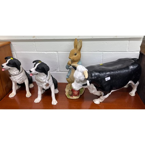 606 - Large model of a bull and two border collie puppies