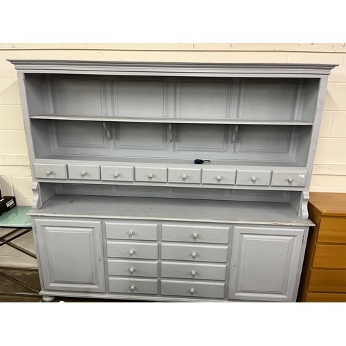 617 - Large pine Welsh dresser painted pale grey blue, approx 230cm wide, 207cm high, 48cm deep