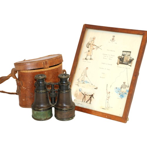 Titanic Interest items belonging to Sir Cosmo Edmund Duff-Gordon, including a cased pair of Elliott Brothers binoculars, retailed by J. Graham and Co of Inverness, and a framed illustrated menu. Provenance: Laidlaw Auctioneers & Valuers Lot 17 8th April 2017. 