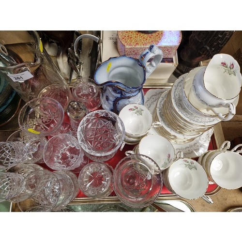 261 - Vintage glass jug, assorted glassware, tea set, etc.