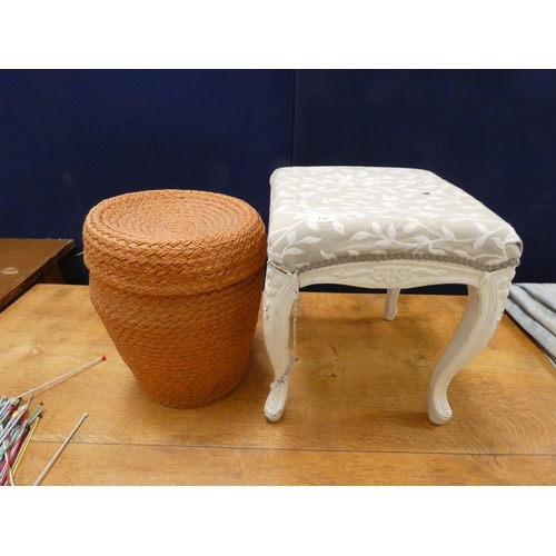 137 - Small white foot stool and wicker basket.