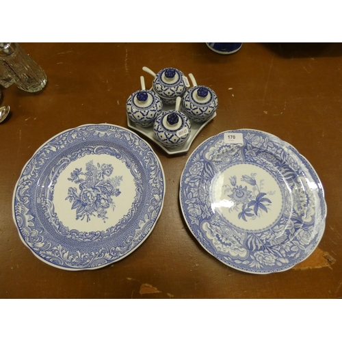 170 - Two blue and white Spode plates and four blue and white sauce pots on stand.