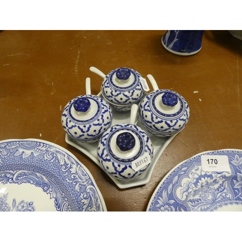 170 - Two blue and white Spode plates and four blue and white sauce pots on stand.