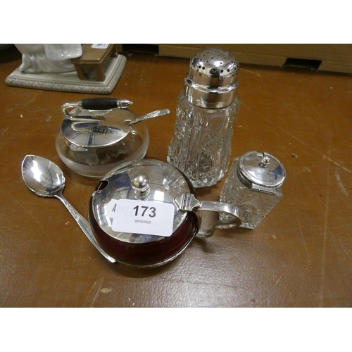 173 - Collection of epns to include sugar sifter, curling stone type condiment etc