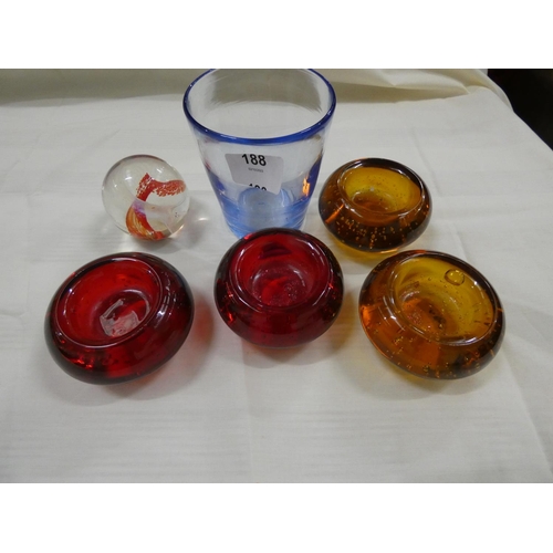 188 - Various art glass to include coloured tea light holders.