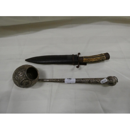 190 - White metal punch ladle and bone handle antique hunting knife .