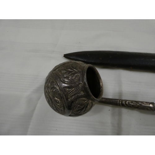 190 - White metal punch ladle and bone handle antique hunting knife .