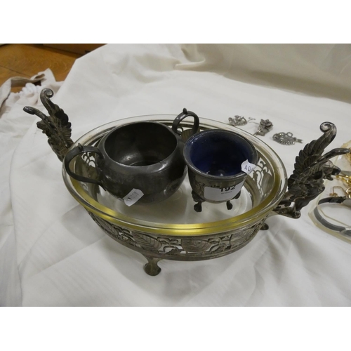 192 - Griffin mounted dish holder with glass liner and two English pewter dishes.