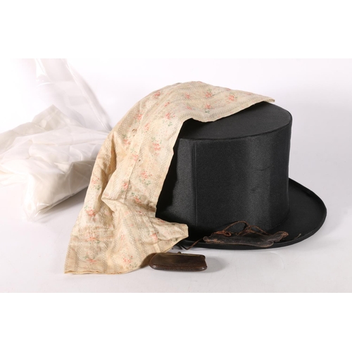 152 - Gentleman's collapsible top hat, a christening gown, a child's shoe, a purse and a tapering length o... 