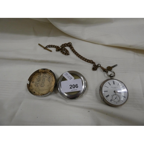 206 - Silver pocket watch and brass guard chain.