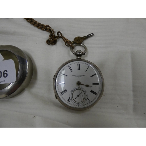 206 - Silver pocket watch and brass guard chain.