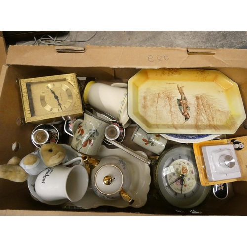 236 - Box of various household to include clocks, Doulton plater etc.