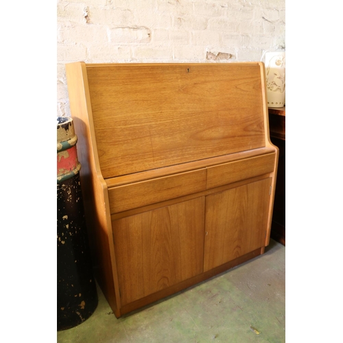 849 - Teak mid-century bureau, with two drawers above a cupboard, 108 x 93 x 40cm, also nest of tables and... 