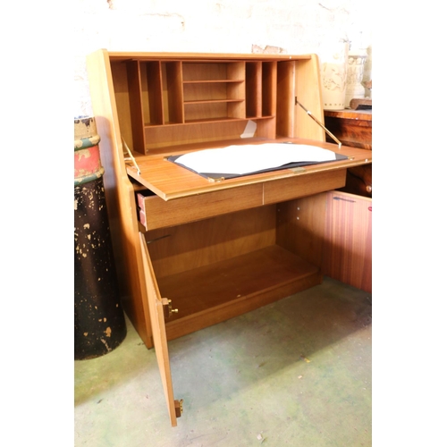 849 - Teak mid-century bureau, with two drawers above a cupboard, 108 x 93 x 40cm, also nest of tables and... 