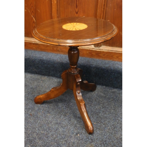 767 - Antique style mahogany and inlaid dish top tripod occasional table, 42cm diameter.