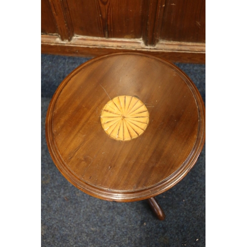 767 - Antique style mahogany and inlaid dish top tripod occasional table, 42cm diameter.