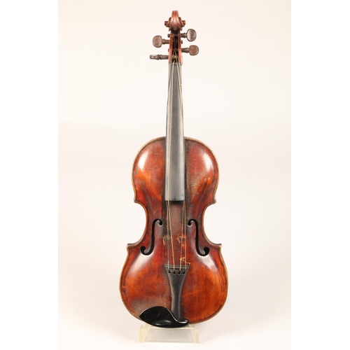 380 - Violin of the Stainer School, repairers signature on inner back dated 1806, length of back 35.4cm, o... 