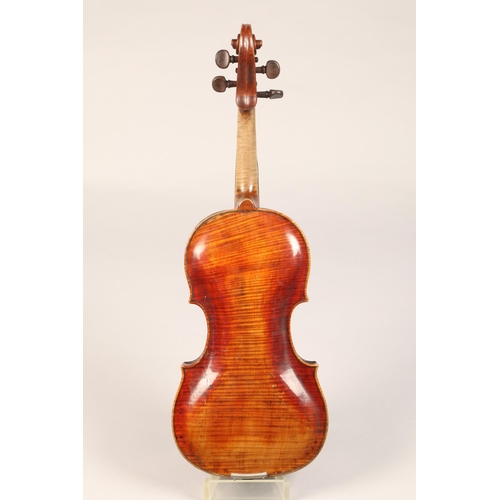 380 - Violin of the Stainer School, repairers signature on inner back dated 1806, length of back 35.4cm, o... 