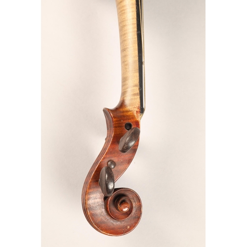 380 - Violin of the Stainer School, repairers signature on inner back dated 1806, length of back 35.4cm, o... 