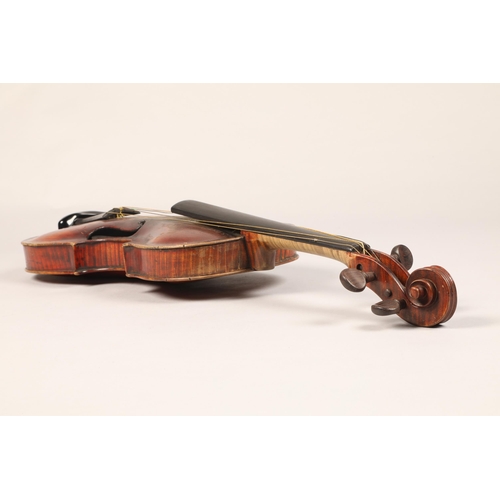 380 - Violin of the Stainer School, repairers signature on inner back dated 1806, length of back 35.4cm, o... 