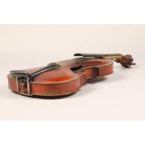 380 - Violin of the Stainer School, repairers signature on inner back dated 1806, length of back 35.4cm, o... 