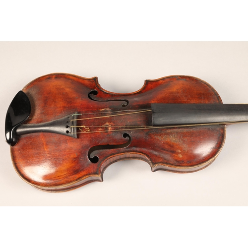 380 - Violin of the Stainer School, repairers signature on inner back dated 1806, length of back 35.4cm, o... 