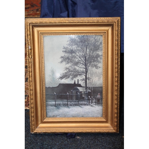 289 - Continental school, Winter scene with figure, watercolour, initialled THS (?) bottom right, 34cm x 2... 