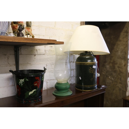 837 - Sheet metal lamp with gilt decoration, toleware bucket and candle, 46cm.