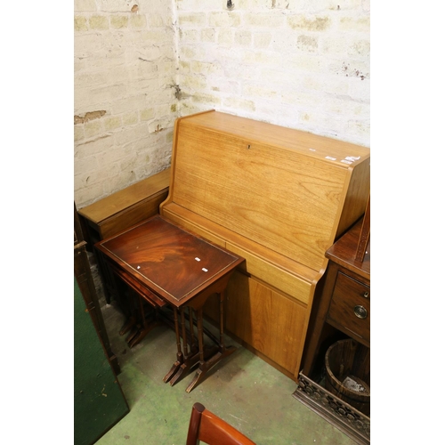 849 - Teak mid-century bureau, with two drawers above a cupboard, 108 x 93 x 40cm, also nest of tables and... 