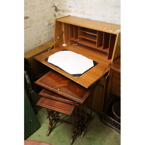 849 - Teak mid-century bureau, with two drawers above a cupboard, 108 x 93 x 40cm, also nest of tables and... 