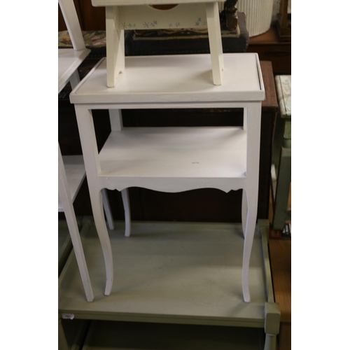 759 - Group of five white painted tables and stool.