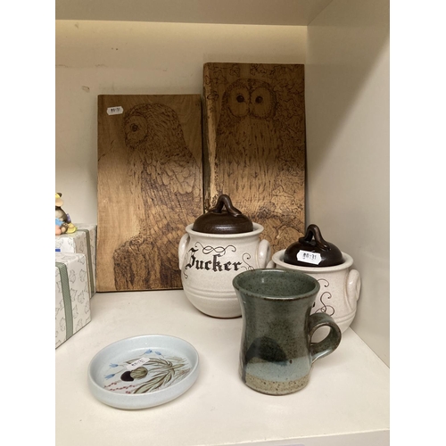 252 - Studio Pottery to include jars, a mug, a Buchan ware coaster, and two wooden etched pictures of owls... 